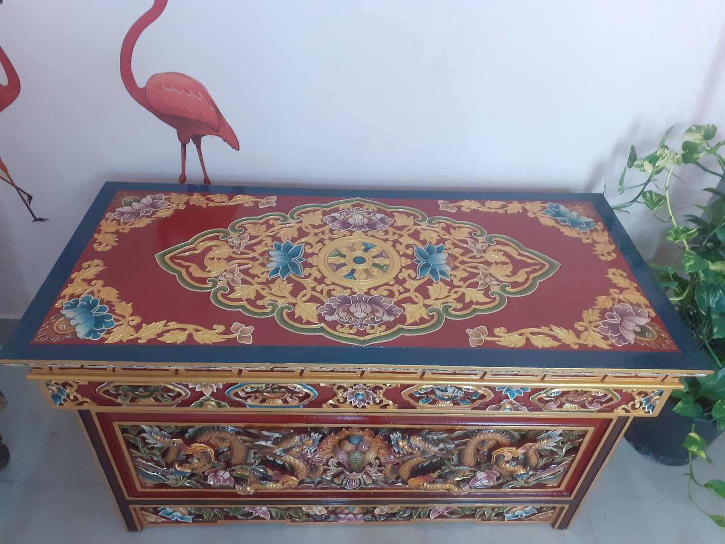 Handcarved Foldable Wooden Tibetan Buddhist Altar,Prayer table,Tibetan Alter Table,Tibetan Buddhist Altar Desk with Auspicious Symbols