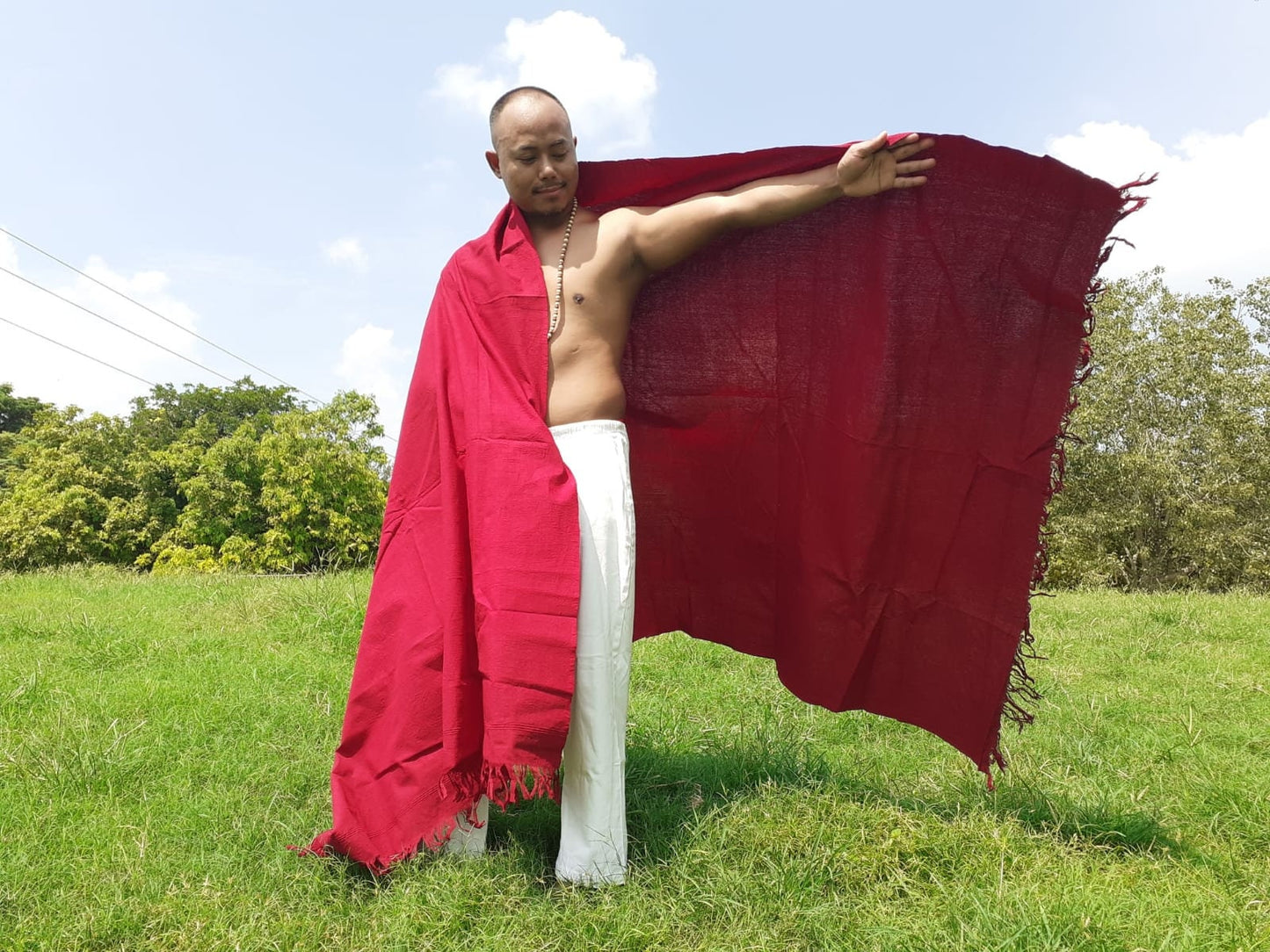 NIRVANA Large Traditional Handwoven Burgundy Tibetan Buddhist Raw Eri Silk Meditation Shawl,Tantric Meditation Wrap,Buddhist Prayer Silk Zen