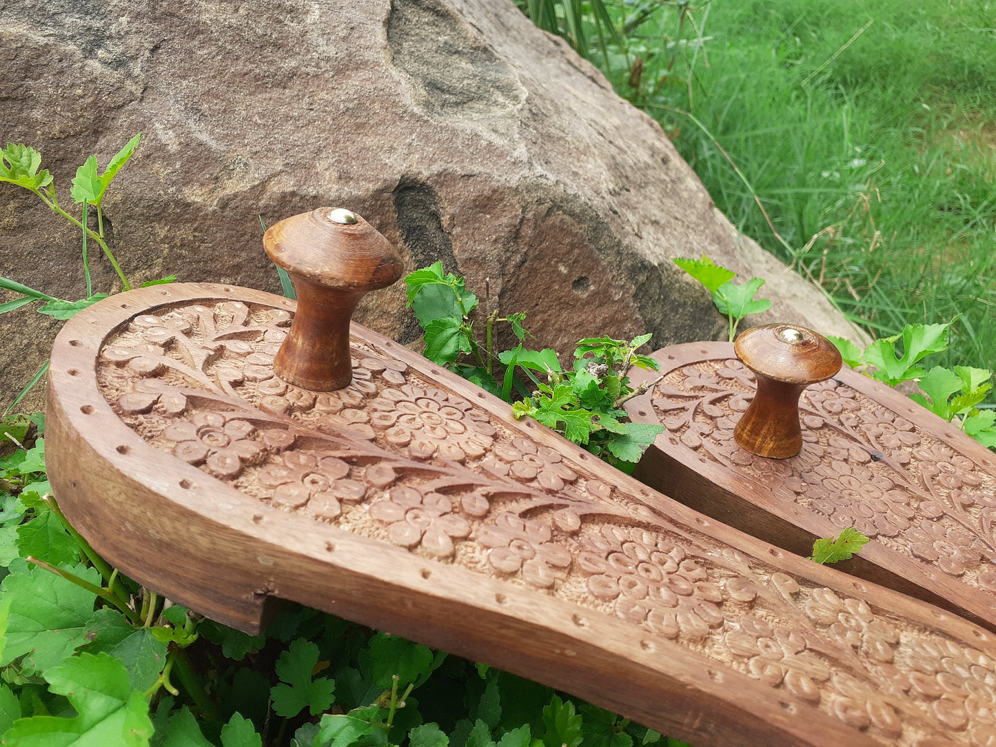 Himalayan"Yogis"Handcrafted Traditional Wooden Slippers for Meditation and Yoga, Unique Carved Wooden Charan Paduka with Floral Designed
