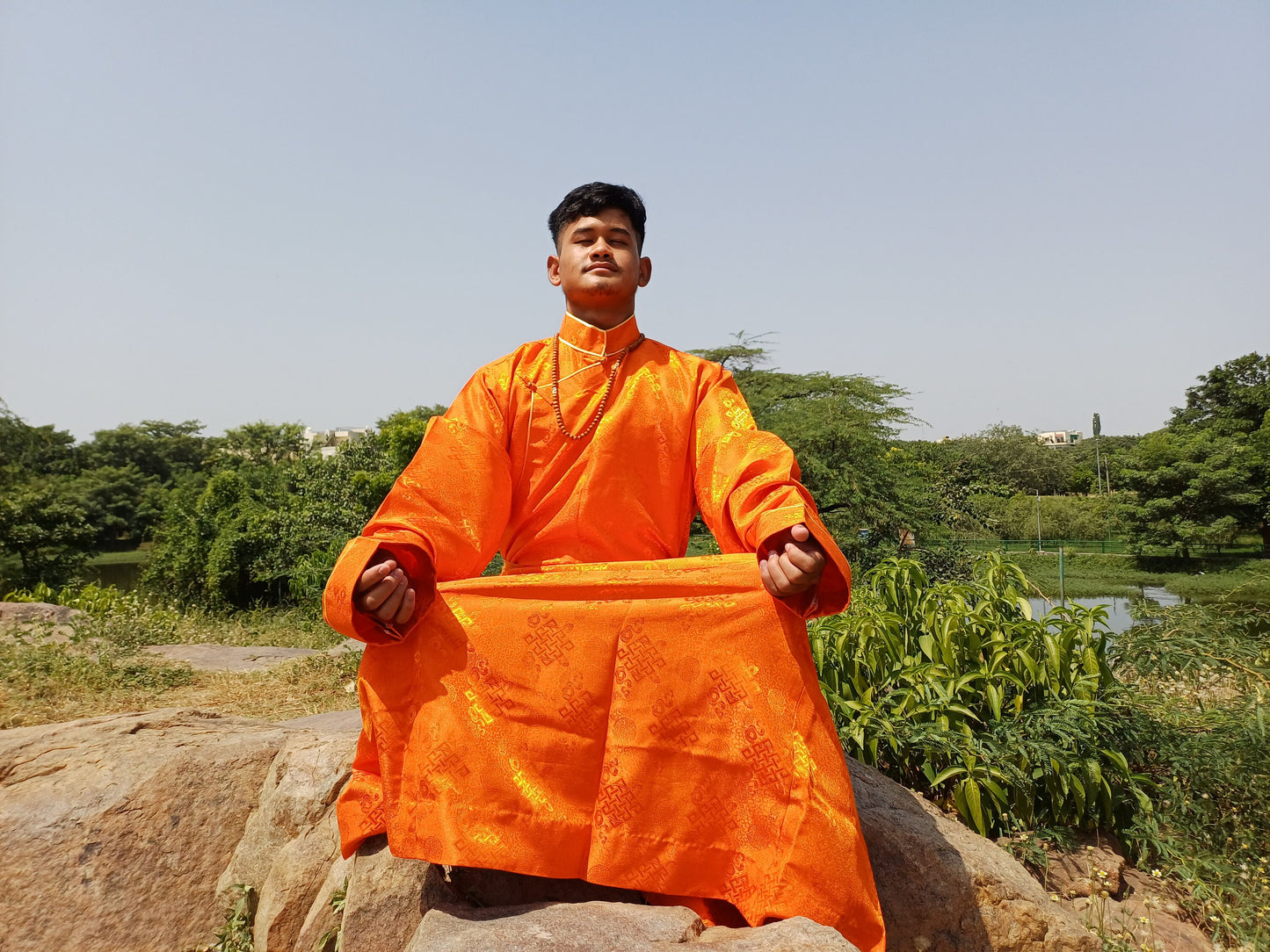 Custom-Made Layman Tibetan Brocade Long  Buddhist Robe,Monastery Style Bhutanese Prayer Costume Dress,Zen Spiritual Temple Clothing