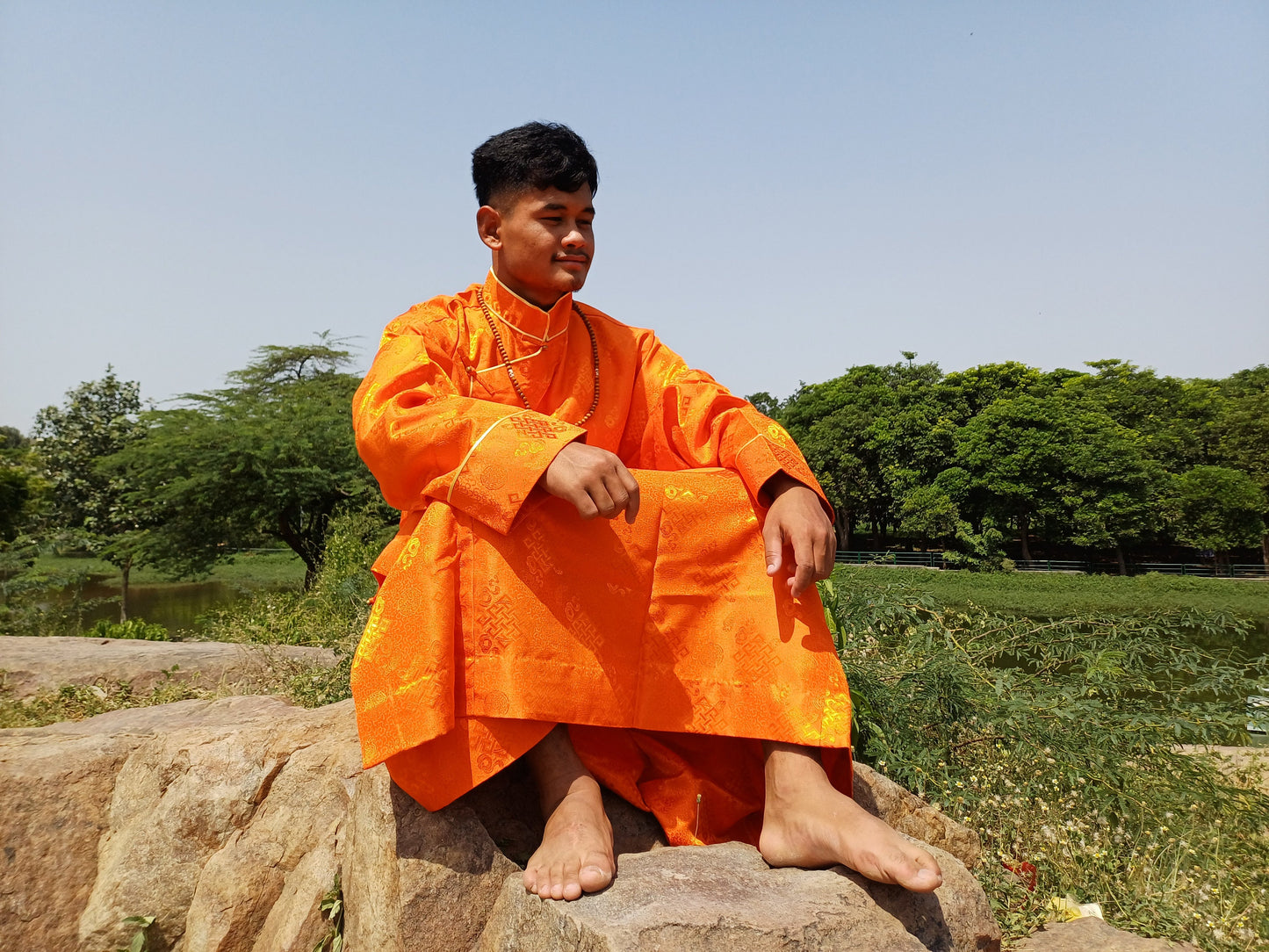 Custom-Made Layman Tibetan Brocade Long  Buddhist Robe,Monastery Style Bhutanese Prayer Costume Dress,Zen Spiritual Temple Clothing