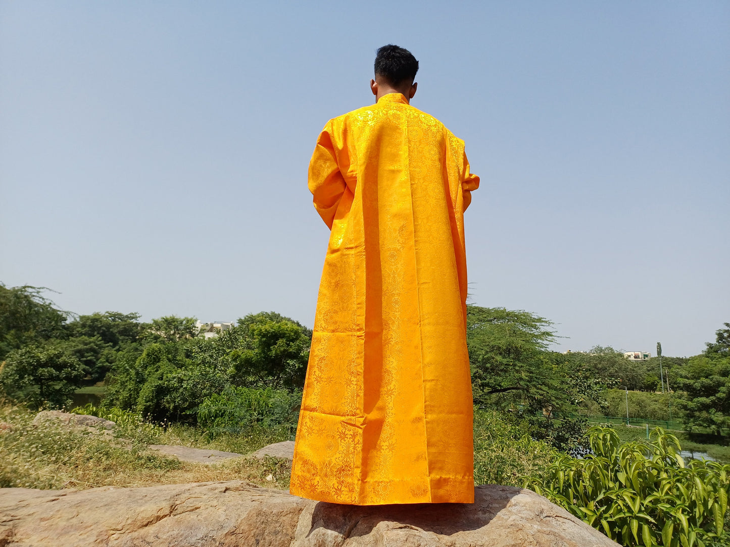 Custom-Made Layman Tibetan Brocade Long  Buddhist Robe,Monastery Style Bhutanese Prayer Costume Dress,Zen Spiritual Temple Clothing