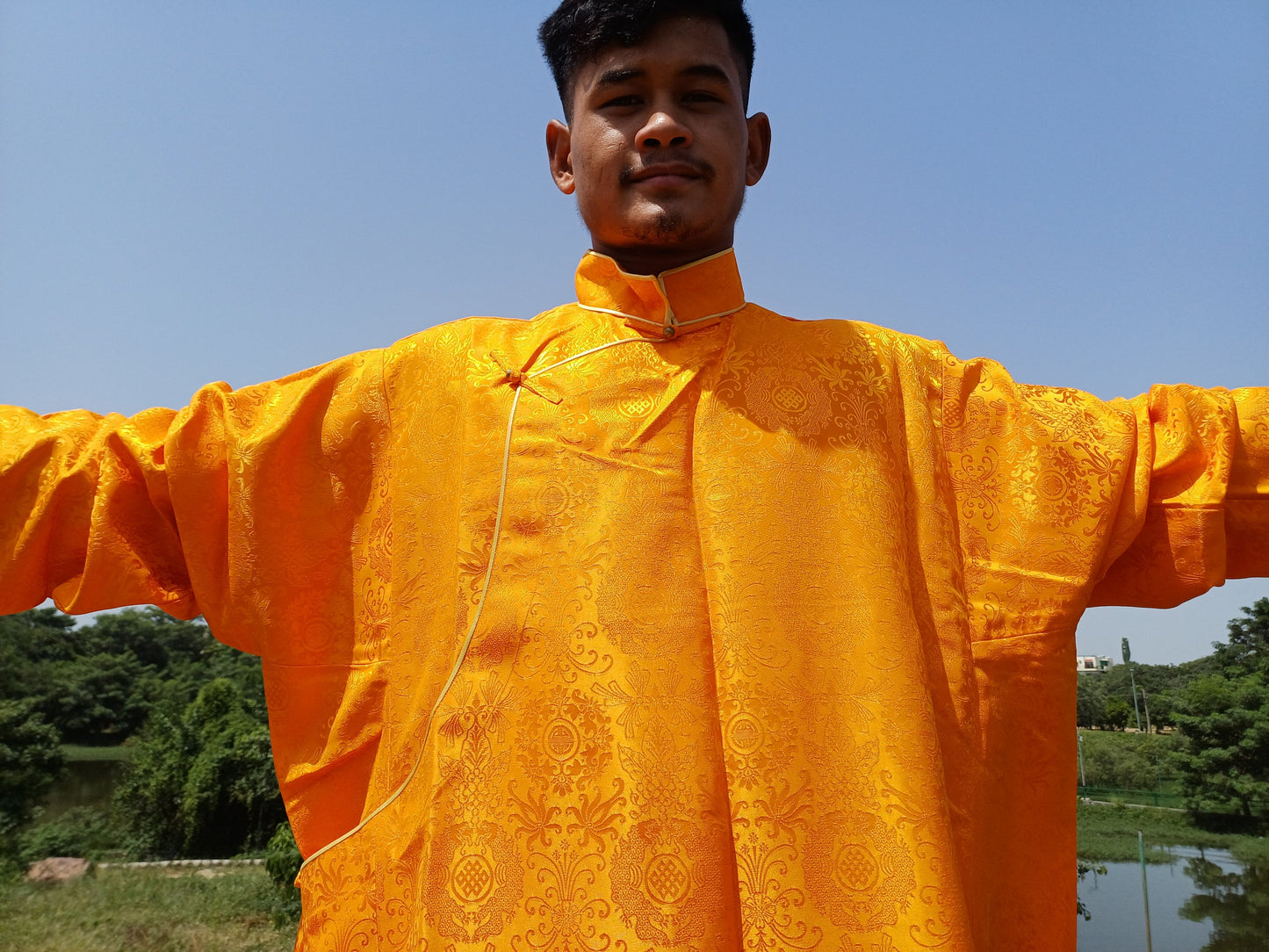 Custom-Made Layman Tibetan Brocade Long  Buddhist Robe,Monastery Style Bhutanese Prayer Costume Dress,Zen Spiritual Temple Clothing
