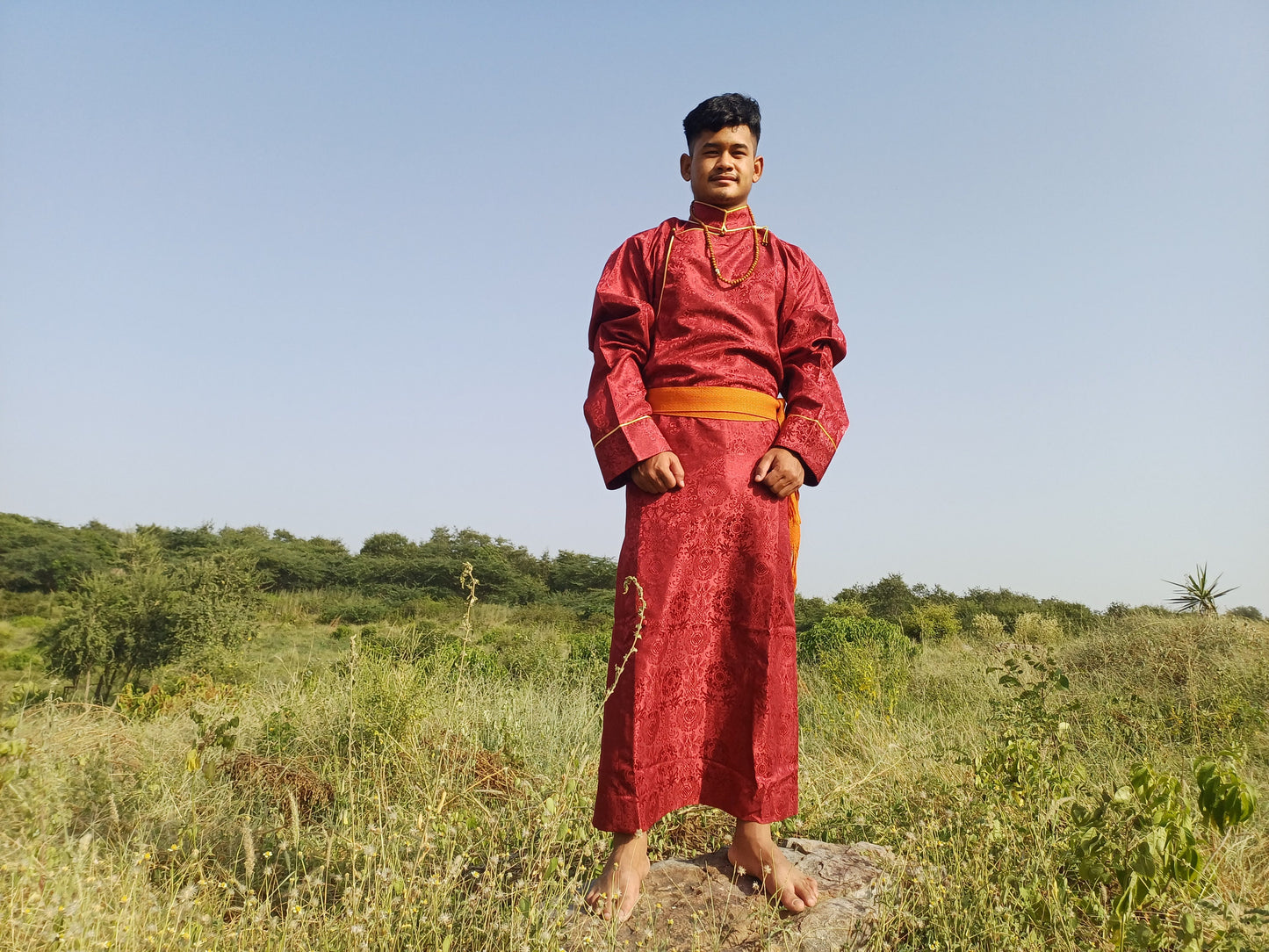 Custom-Made Layman Tibetan Brocade Long  Buddhist Robe,Monastery Style Bhutanese Prayer Costume Dress,Zen Spiritual Temple Clothing