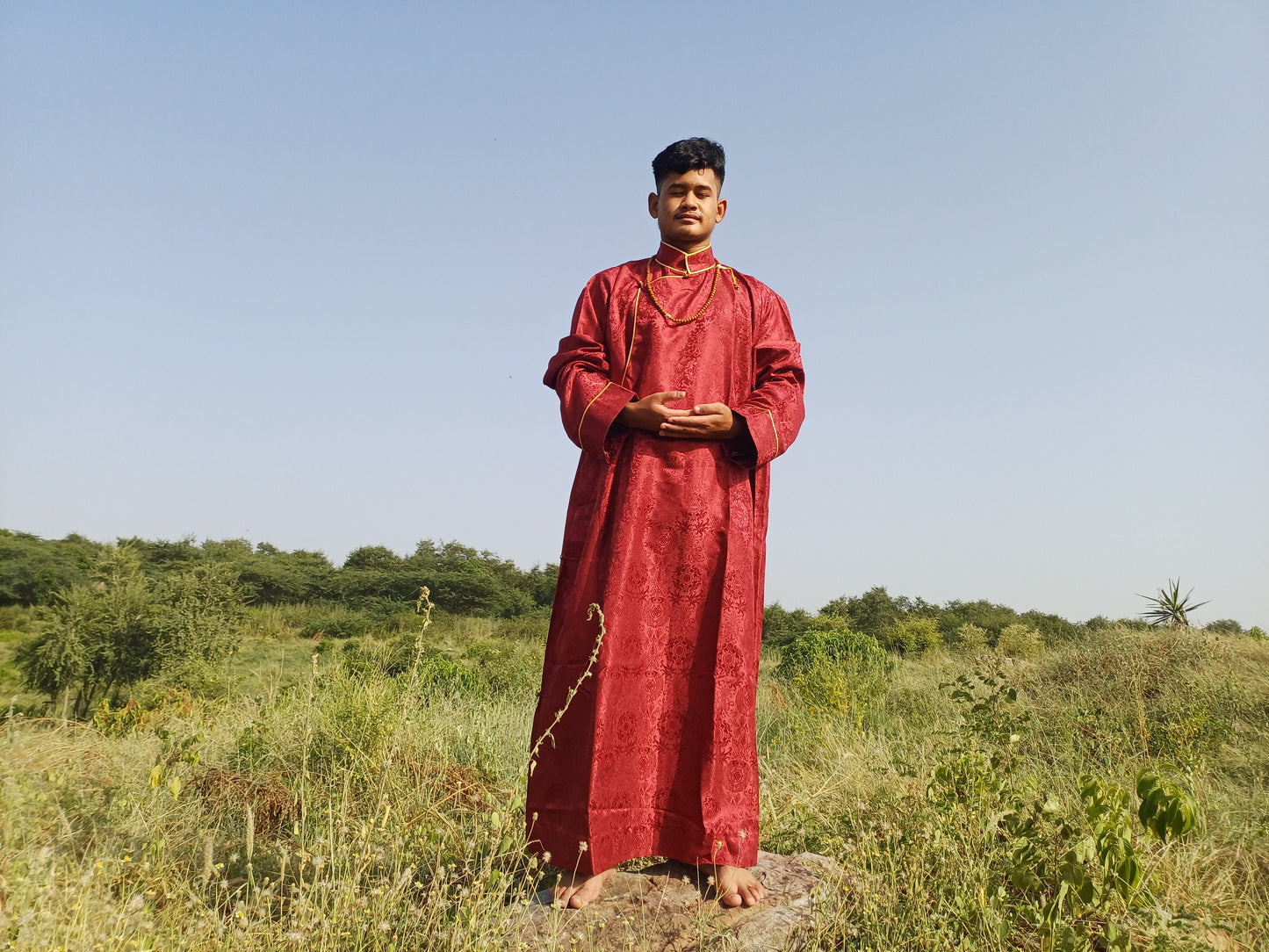 Custom-Made Layman Tibetan Brocade Long  Buddhist Robe,Monastery Style Bhutanese Prayer Costume Dress,Zen Spiritual Temple Clothing