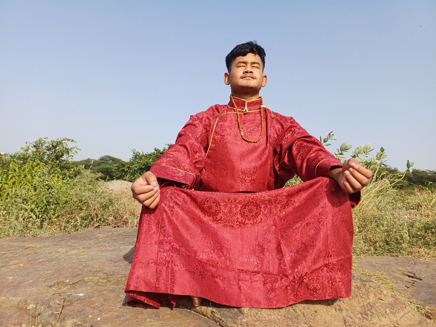Custom-Made Layman Tibetan Brocade Long  Buddhist Robe,Monastery Style Bhutanese Prayer Costume Dress,Zen Spiritual Temple Clothing