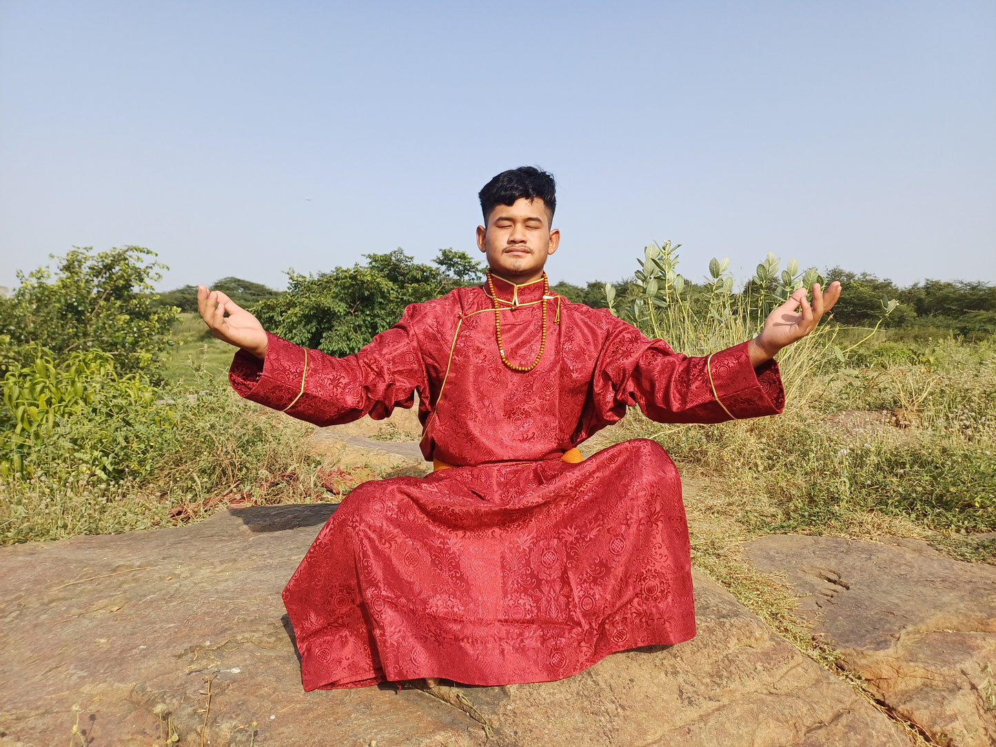 Custom-Made Layman Tibetan Brocade Long  Buddhist Robe,Monastery Style Bhutanese Prayer Costume Dress,Zen Spiritual Temple Clothing