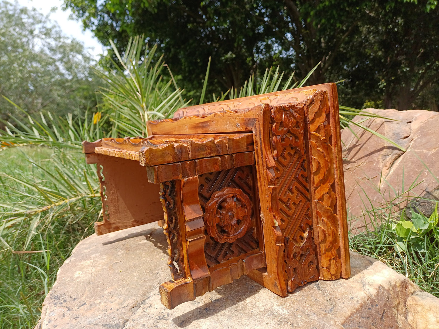 Small Size Heavenly Peacock Handcarved  Foldable Wooden Tibetan Buddhist Altar Table,Zen Meditation Altar,Wood Prayer table, Alter Table