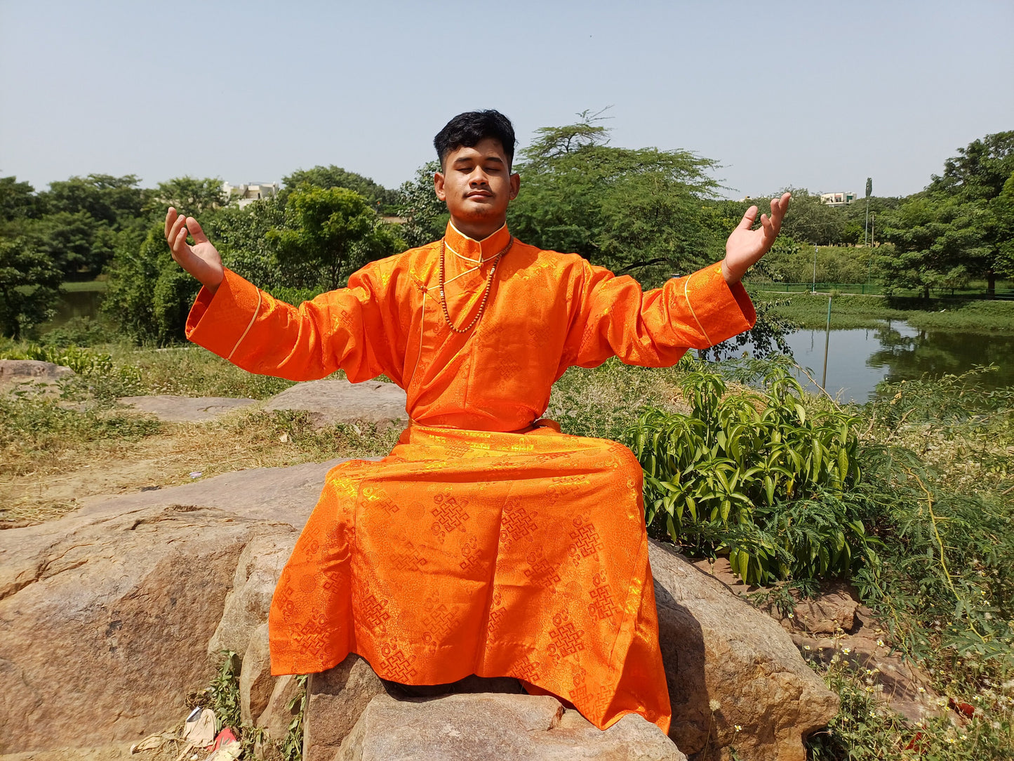 Custom-Made Layman Tibetan Brocade Long  Buddhist Robe,Monastery Style Bhutanese Prayer Costume Dress,Zen Spiritual Temple Clothing