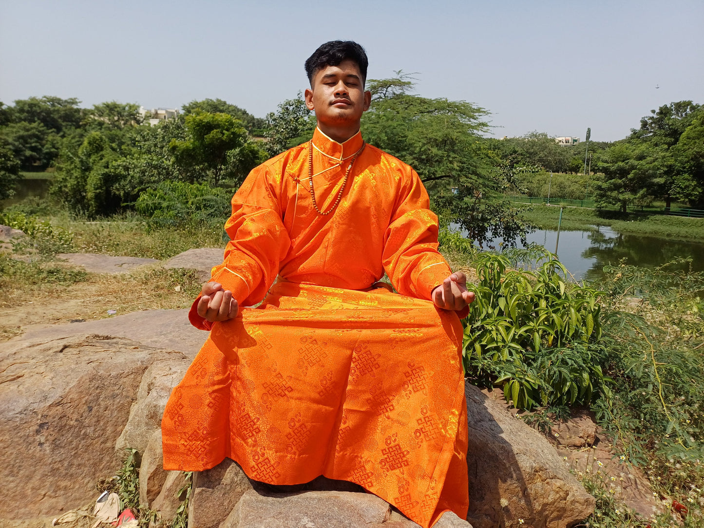 Custom-Made Layman Tibetan Brocade Long  Buddhist Robe,Monastery Style Bhutanese Prayer Costume Dress,Zen Spiritual Temple Clothing
