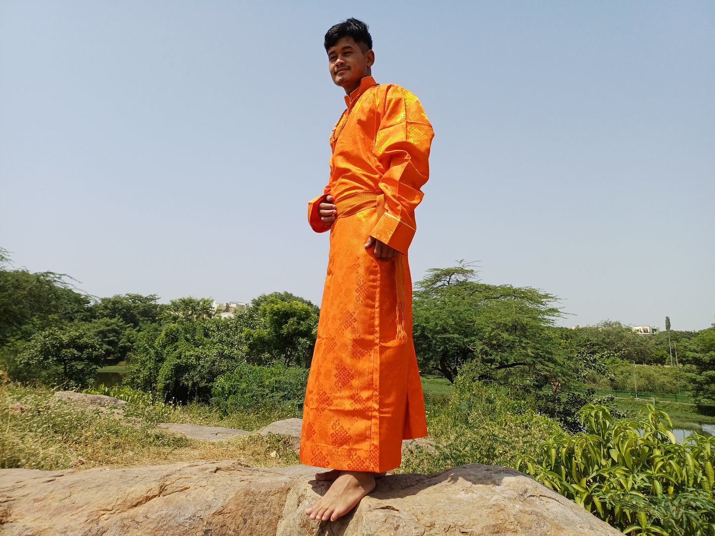 Custom-Made Layman Tibetan Brocade Long  Buddhist Robe,Monastery Style Bhutanese Prayer Costume Dress,Zen Spiritual Temple Clothing