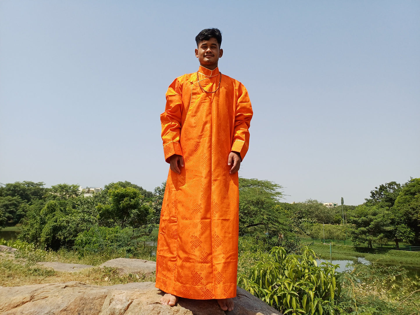 Custom-Made Layman Tibetan Brocade Long  Buddhist Robe,Monastery Style Bhutanese Prayer Costume Dress,Zen Spiritual Temple Clothing