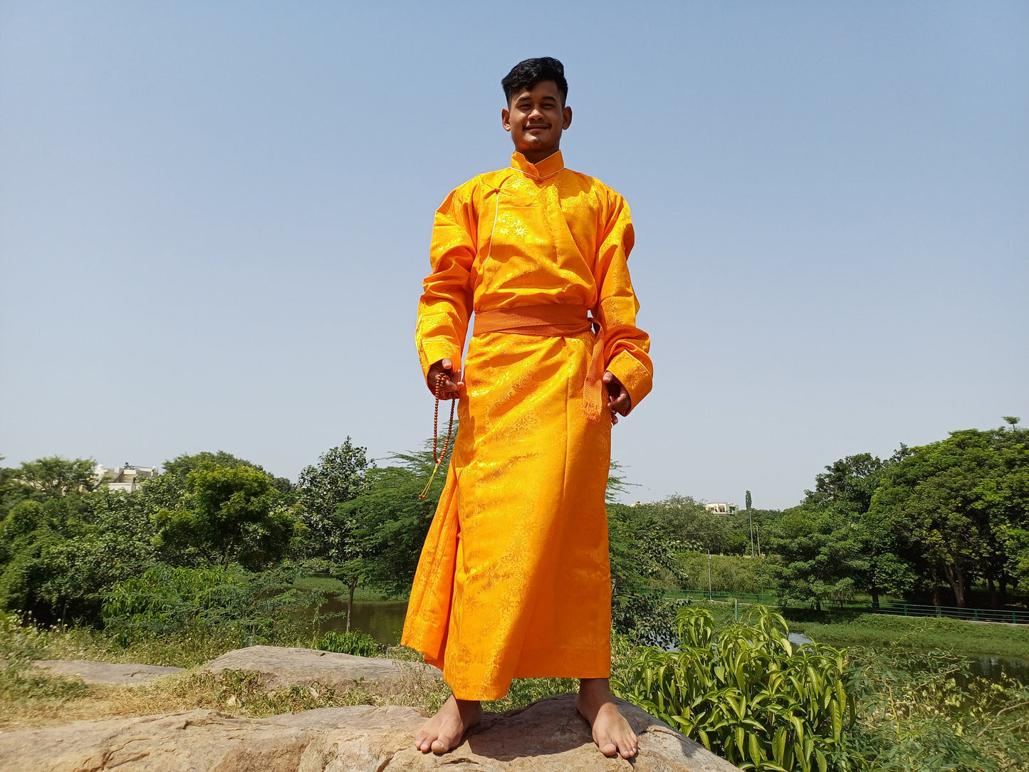 Custom-Made Layman Tibetan Brocade Long  Buddhist Robe,Monastery Style Bhutanese Prayer Costume Dress,Zen Spiritual Temple Clothing