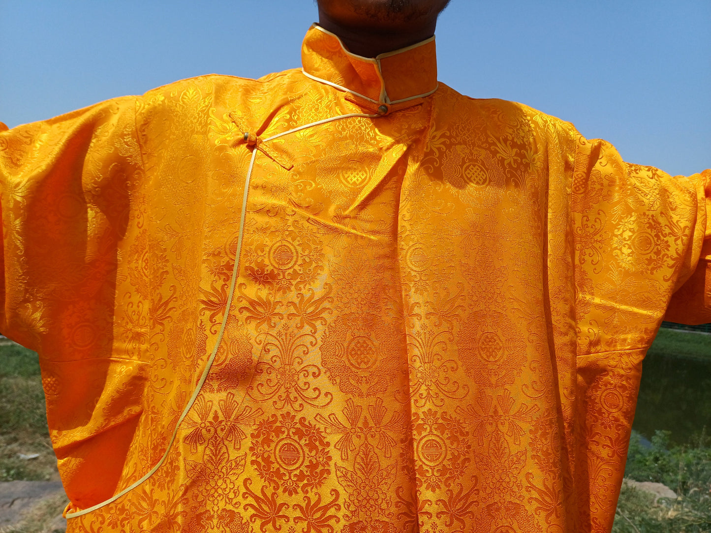 Custom-Made Layman Tibetan Brocade Long  Buddhist Robe,Monastery Style Bhutanese Prayer Costume Dress,Zen Spiritual Temple Clothing
