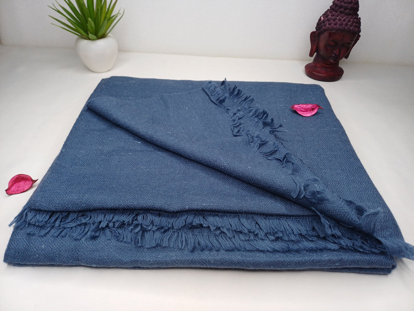 Handwoven Solid Blue Himalayan Angora Wool Meditation Shawl,Indian Ethnic Blanket,Handmade Woolen Wrap,Himalayan Wool Wrap