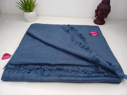 Handwoven Solid Blue Himalayan Angora Wool Meditation Shawl,Indian Ethnic Blanket,Handmade Woolen Wrap,Himalayan Wool Wrap