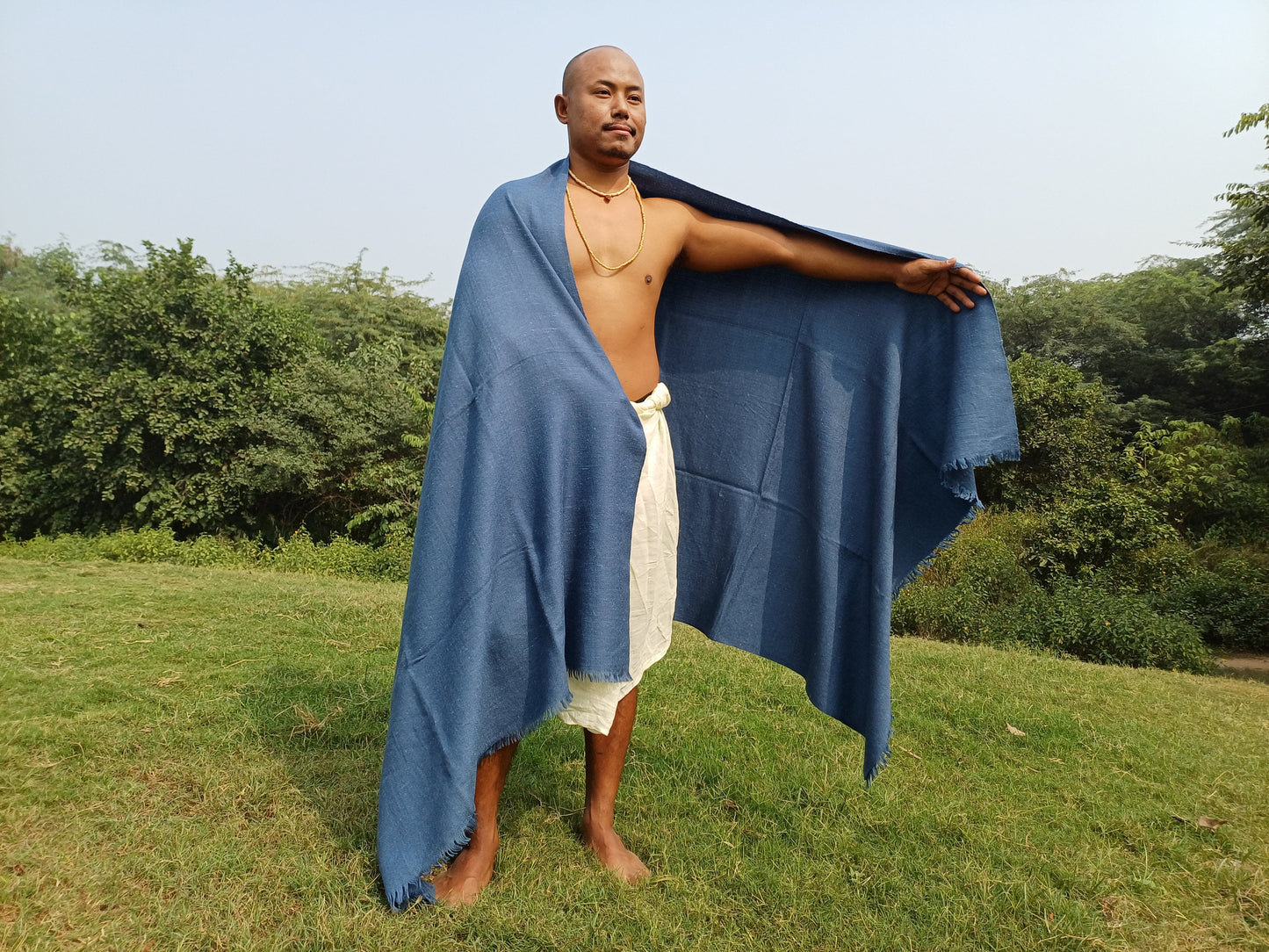 Handwoven Solid Blue Himalayan Angora Wool Meditation Shawl,Indian Ethnic Blanket,Handmade Woolen Wrap,Himalayan Wool Wrap