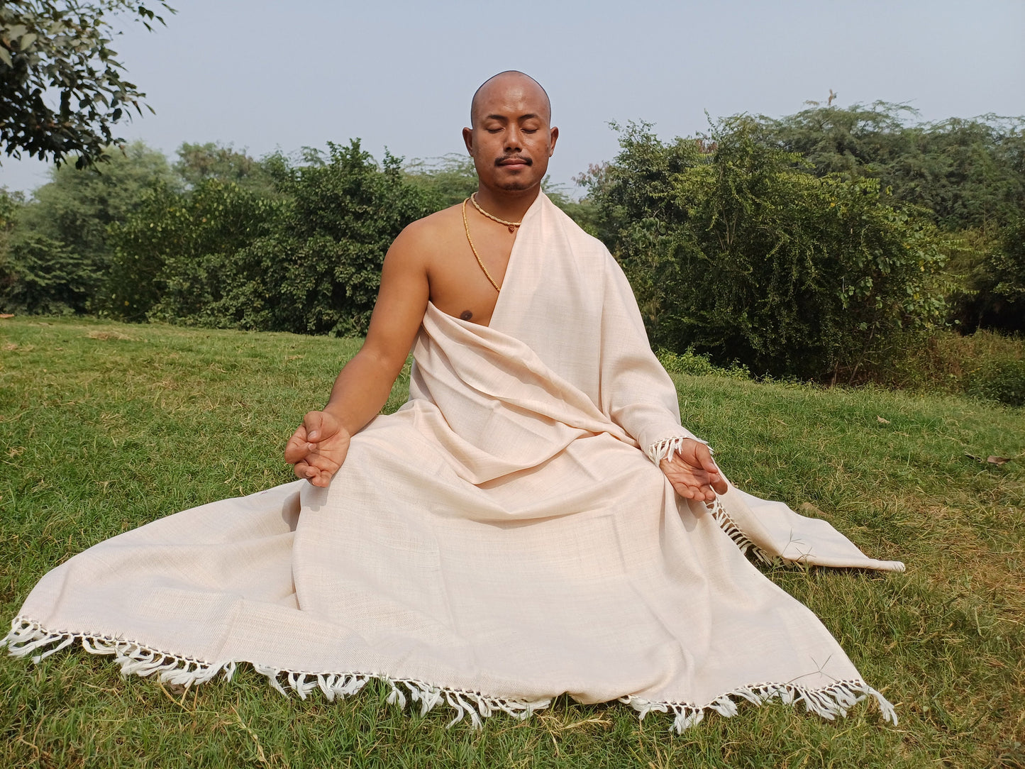 GARUDA Large Yogi Handwoven Beige Color Pure Himalayan Sheep Wool Meditation Shawl,Himalayan Prayer Blanket,Wool Indian Yoga Prayer Wrap/Zen