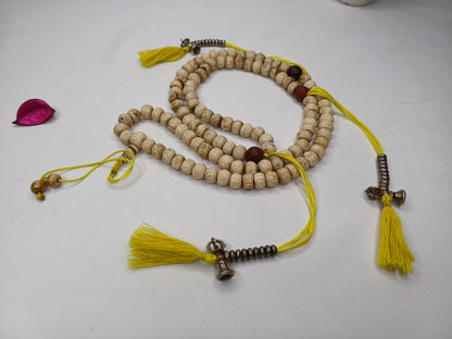 Handcrafted 108 Buddha Eye Yak Bone Meditation Mala With Yellow Counters Engraved Buddhist Prayer Beads,Tibetan Bone Rosary,Monk Prayer Mala