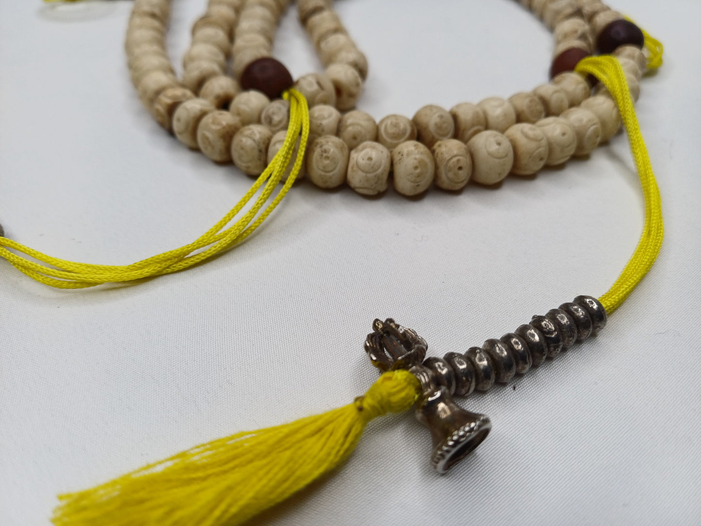 Handcrafted 108 Buddha Eye Yak Bone Meditation Mala With Yellow Counters Engraved Buddhist Prayer Beads,Tibetan Bone Rosary,Monk Prayer Mala