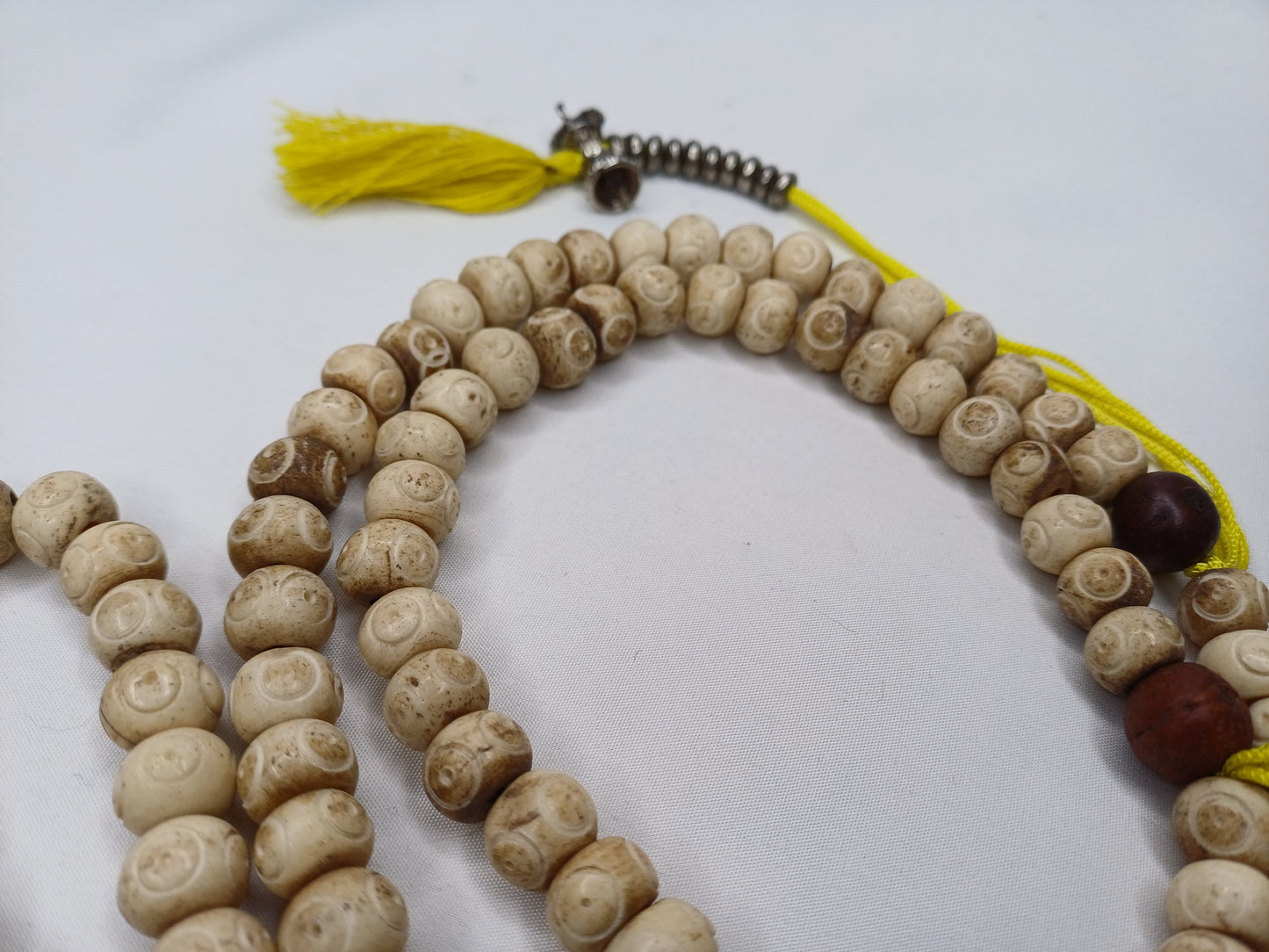Handcrafted 108 Buddha Eye Yak Bone Meditation Mala With Yellow Counters Engraved Buddhist Prayer Beads,Tibetan Bone Rosary,Monk Prayer Mala