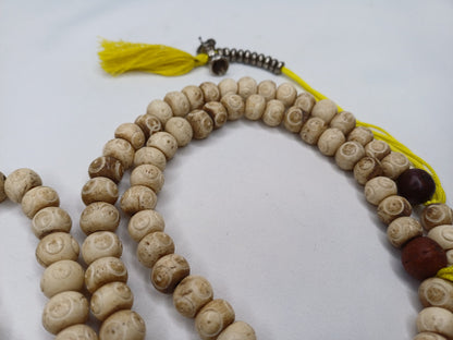 Handcrafted 108 Buddha Eye Yak Bone Meditation Mala With Yellow Counters Engraved Buddhist Prayer Beads,Tibetan Bone Rosary,Monk Prayer Mala
