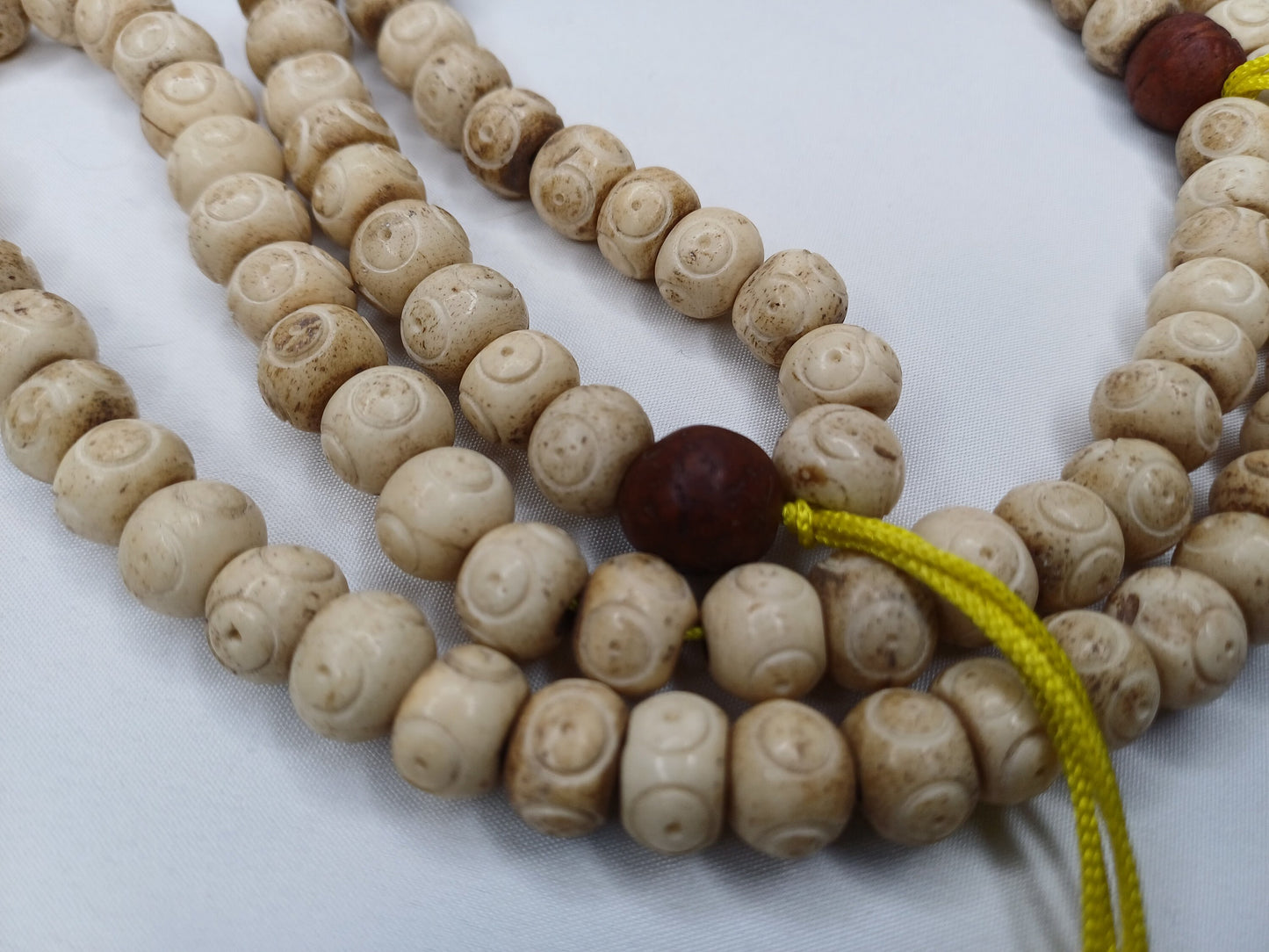 Handcrafted 108 Buddha Eye Yak Bone Meditation Mala With Yellow Counters Engraved Buddhist Prayer Beads,Tibetan Bone Rosary,Monk Prayer Mala