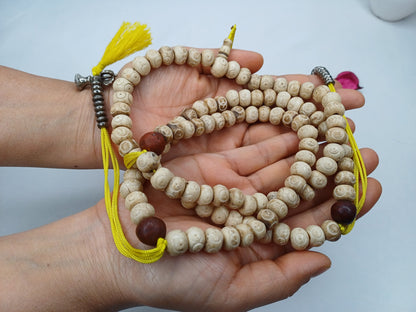 Handcrafted 108 Buddha Eye Yak Bone Meditation Mala With Yellow Counters Engraved Buddhist Prayer Beads,Tibetan Bone Rosary,Monk Prayer Mala