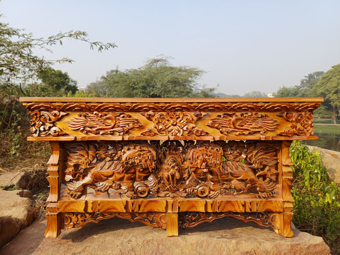 Handcarved Snow Lion Foldable Wooden Tibetan Buddhist Altar,Buddhist Prayer Table,Tibetan Meditation Altar,Traditional Tibetan Table