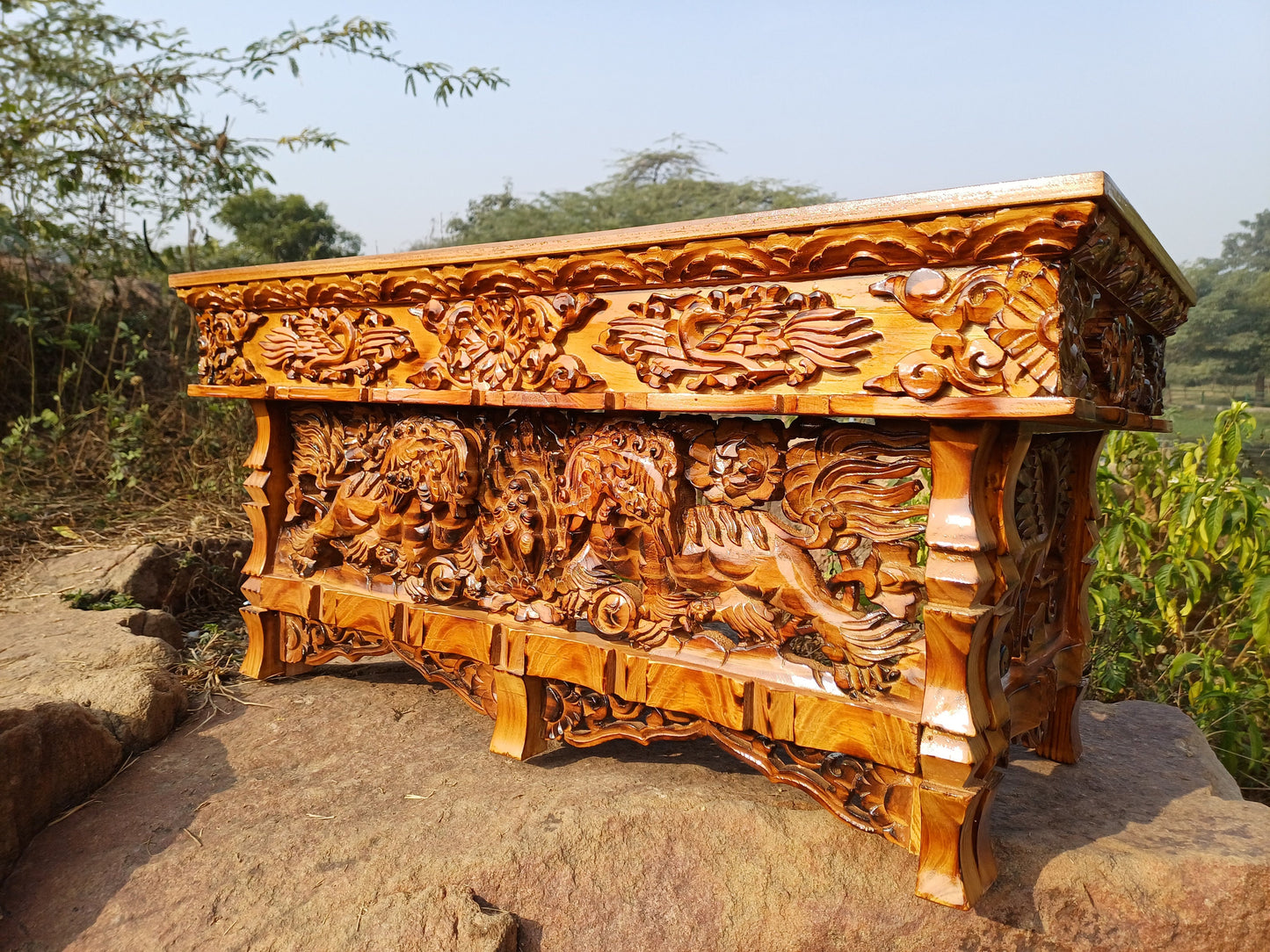 Handcarved Snow Lion Foldable Wooden Tibetan Buddhist Altar,Buddhist Prayer Table,Tibetan Meditation Altar,Traditional Tibetan Table