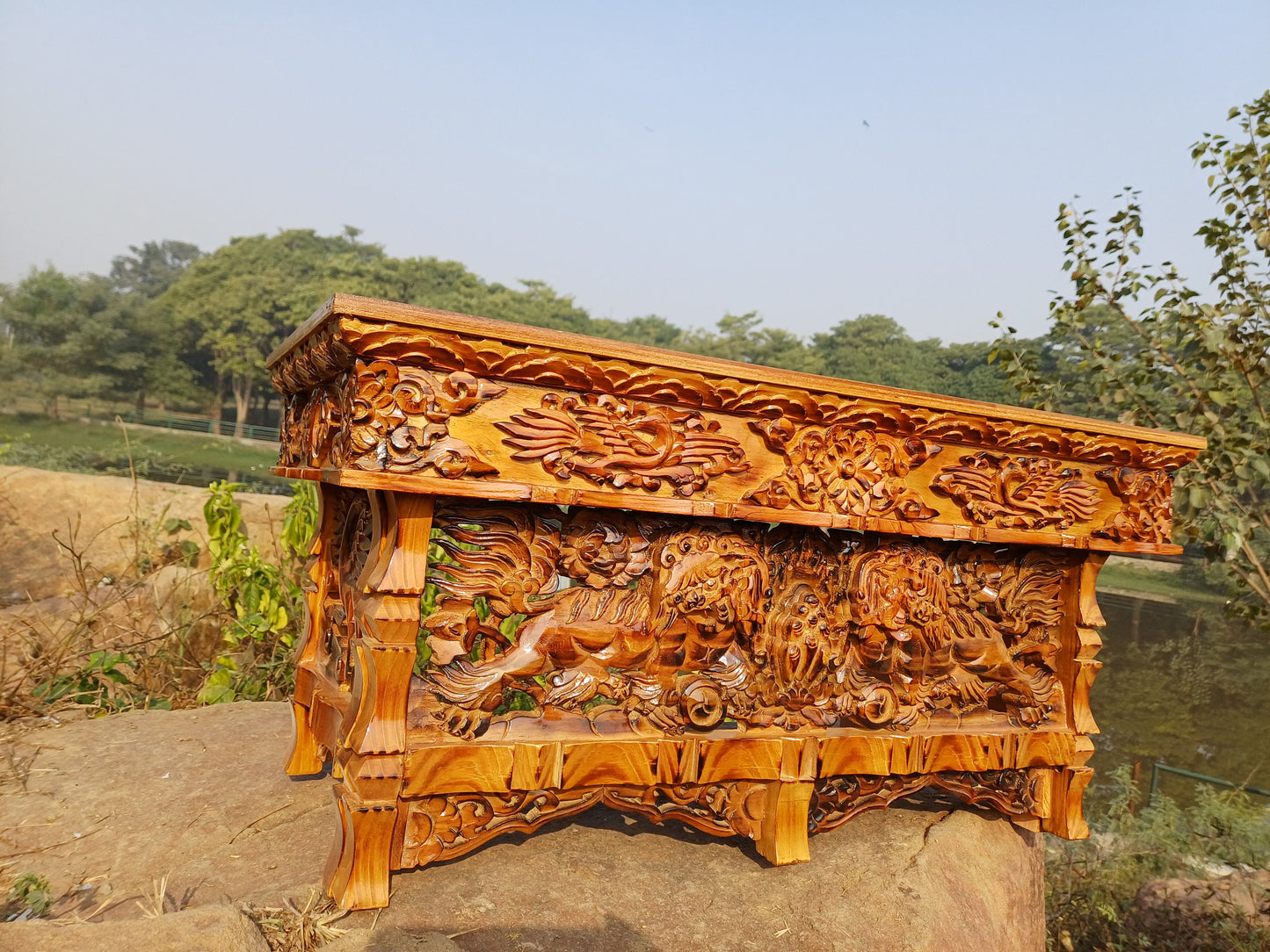 Handcarved Snow Lion Foldable Wooden Tibetan Buddhist Altar,Buddhist Prayer Table,Tibetan Meditation Altar,Traditional Tibetan Table