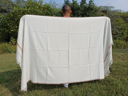 RUDRA Large Handwoven Offwhite Pure Himalayan Sheep Wool Meditation Shawl,Indian Prayer Blanket,Oversize Prayer Wrap,Ethnic Himalayan Wrap