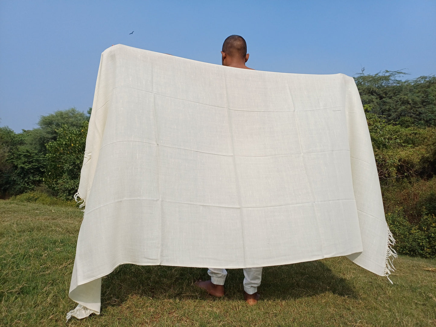 INDRA X-Large Handwoven Lightweight White Pure Himalayan Angora Wool Meditation Shawl,Himalayan Wool Prayer Blanket,Indian Yoga Prayer Wrap