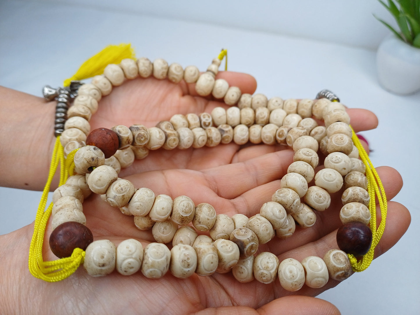 Handcrafted 108 Buddha Eye Yak Bone Meditation Mala With Yellow Counters Engraved Buddhist Prayer Beads,Tibetan Bone Rosary,Monk Prayer Mala