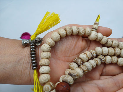 Handcrafted 108 Buddha Eye Yak Bone Meditation Mala With Yellow Counters Engraved Buddhist Prayer Beads,Tibetan Bone Rosary,Monk Prayer Mala