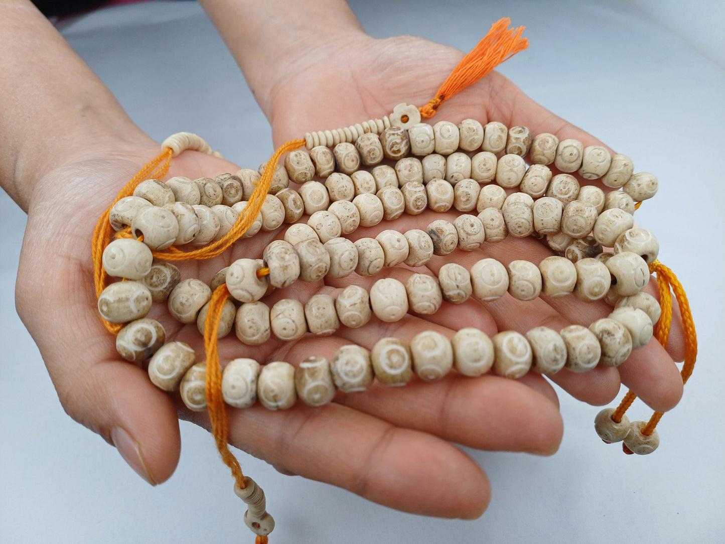 Handcrafted 108 White Budha Eye Yak Bone Meditation Mala,Engraved Buddhist Bone Beads,Tibetan Bone Prayer Rosary,Long Bone Chain Counters