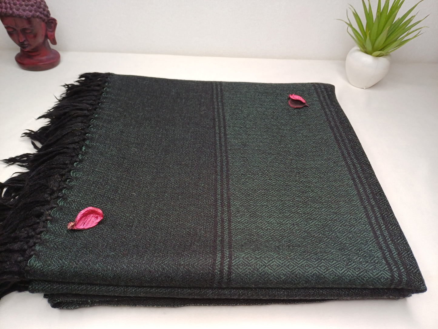 LargeForest Green Handwoven Pure Himalayan Sheep Wool Meditation Shawl,Buddhist Wool Prayer Blanket,Kullu Shawl,Ethnic Indian Prayer Blanket