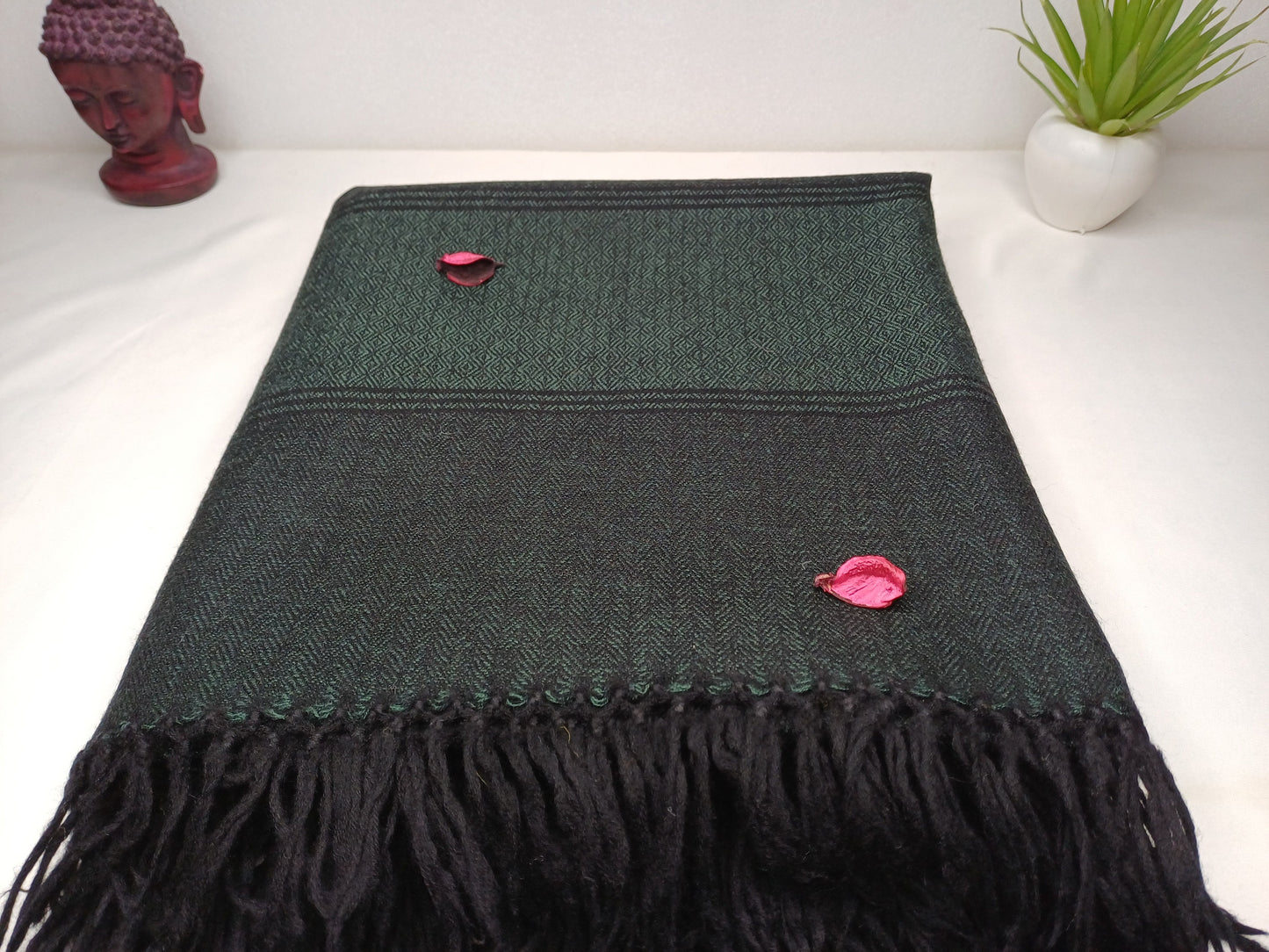 LargeForest Green Handwoven Pure Himalayan Sheep Wool Meditation Shawl,Buddhist Wool Prayer Blanket,Kullu Shawl,Ethnic Indian Prayer Blanket