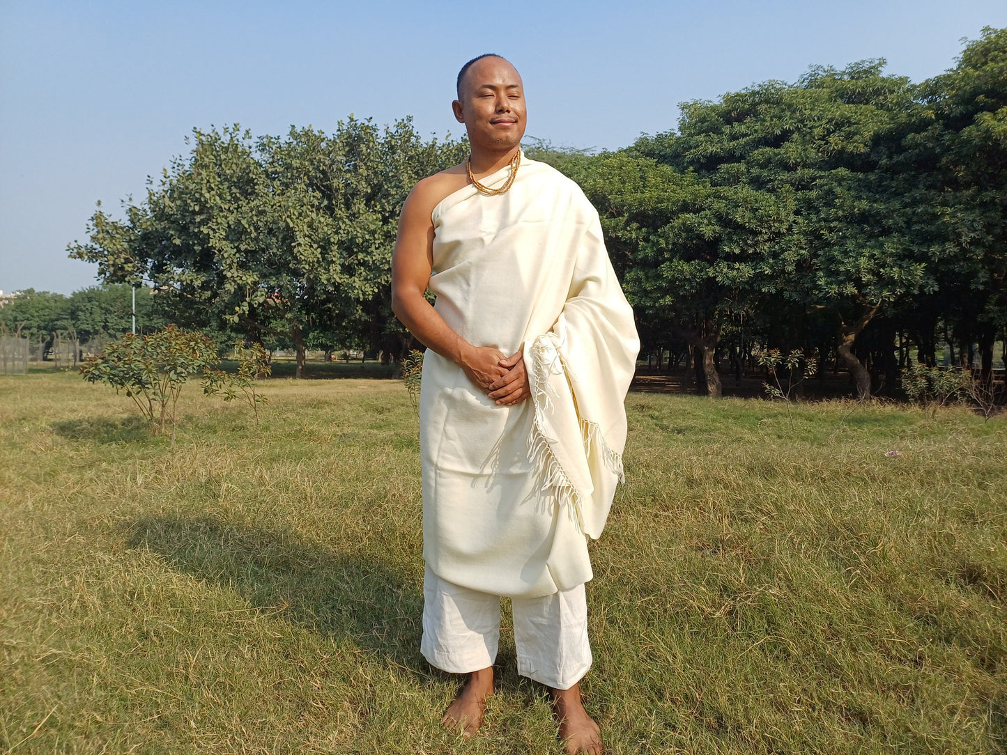 MAYAPUR Extra-Large Handwoven Cream Pure Himalayan Sheep Wool Meditation Shawl,Himalayan Prayer Blanket,Himalayan Wool India Prayer Zen Wrap