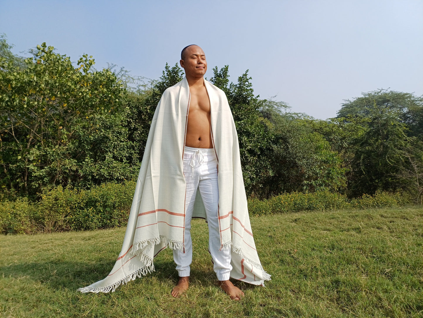 RUDRA Large Handwoven Offwhite Pure Himalayan Sheep Wool Meditation Shawl,Indian Prayer Blanket,Oversize Prayer Wrap,Ethnic Himalayan Wrap