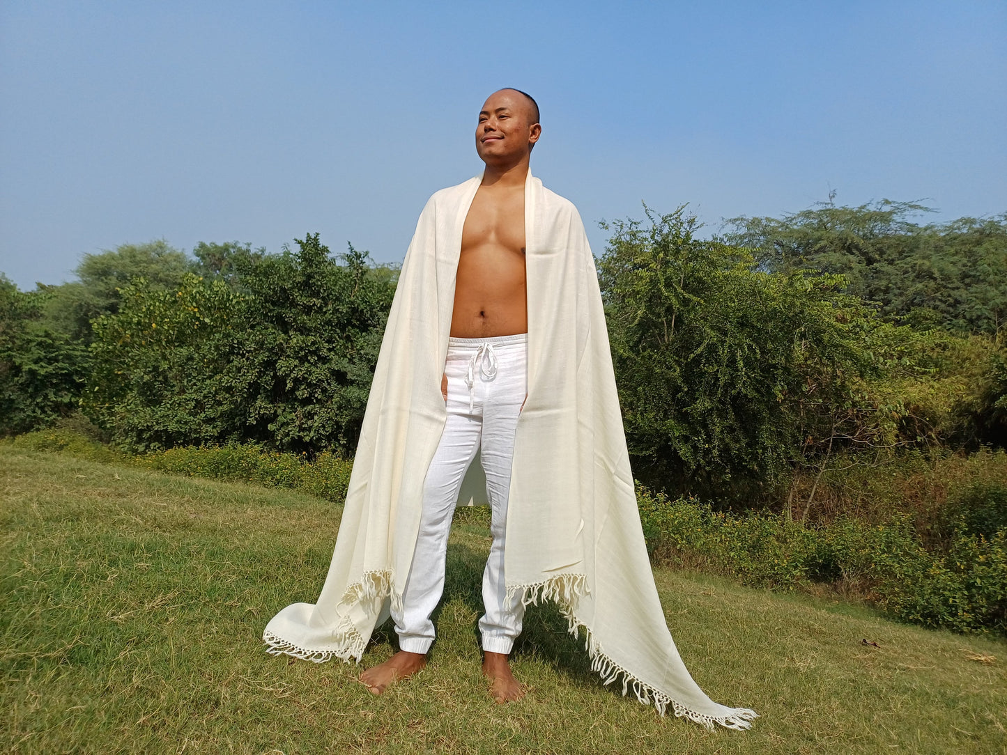 INDRA X-Large Handwoven Lightweight White Pure Himalayan Angora Wool Meditation Shawl,Himalayan Wool Prayer Blanket,Indian Yoga Prayer Wrap