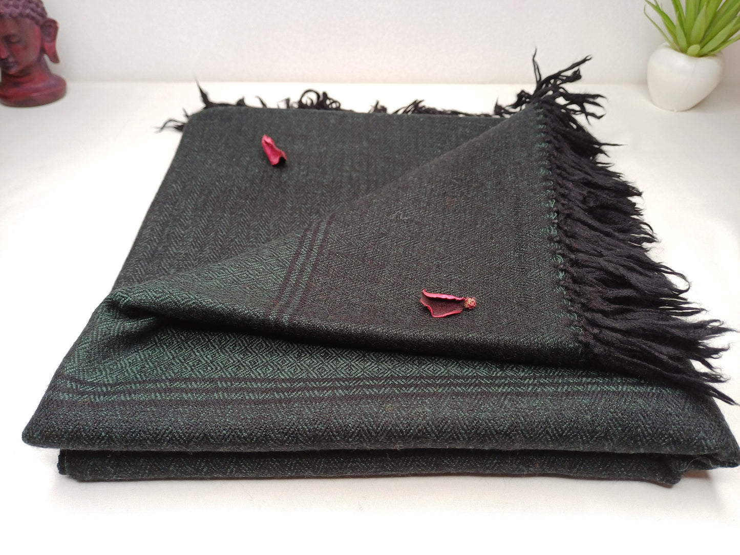 LargeForest Green Handwoven Pure Himalayan Sheep Wool Meditation Shawl,Buddhist Wool Prayer Blanket,Kullu Shawl,Ethnic Indian Prayer Blanket
