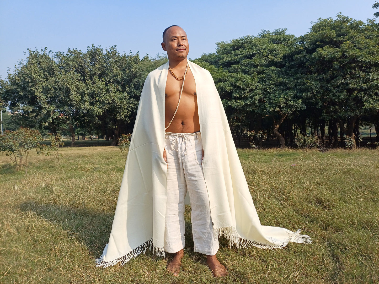 MAYAPUR Extra-Large Handwoven Cream Pure Himalayan Sheep Wool Meditation Shawl,Himalayan Prayer Blanket,Himalayan Wool India Prayer Zen Wrap