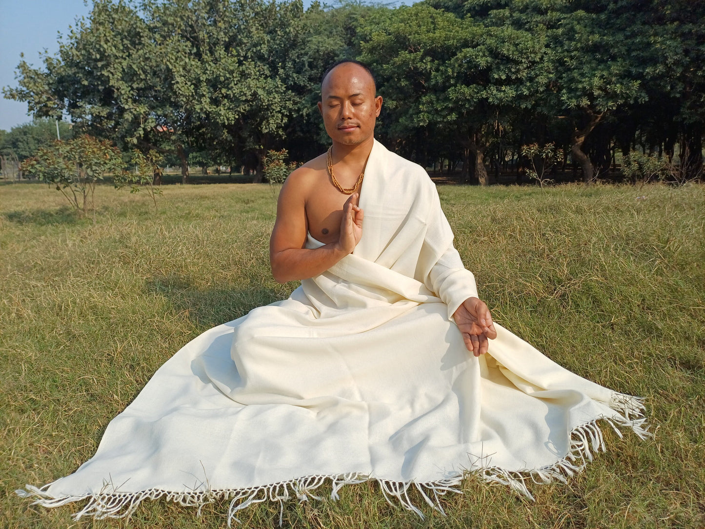 MAYAPUR Extra-Large Handwoven Cream Pure Himalayan Sheep Wool Meditation Shawl,Himalayan Prayer Blanket,Himalayan Wool India Prayer Zen Wrap