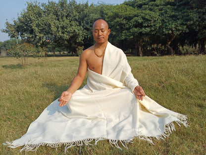 MAYAPUR Extra-Large Handwoven Cream Pure Himalayan Sheep Wool Meditation Shawl,Himalayan Prayer Blanket,Himalayan Wool India Prayer Zen Wrap