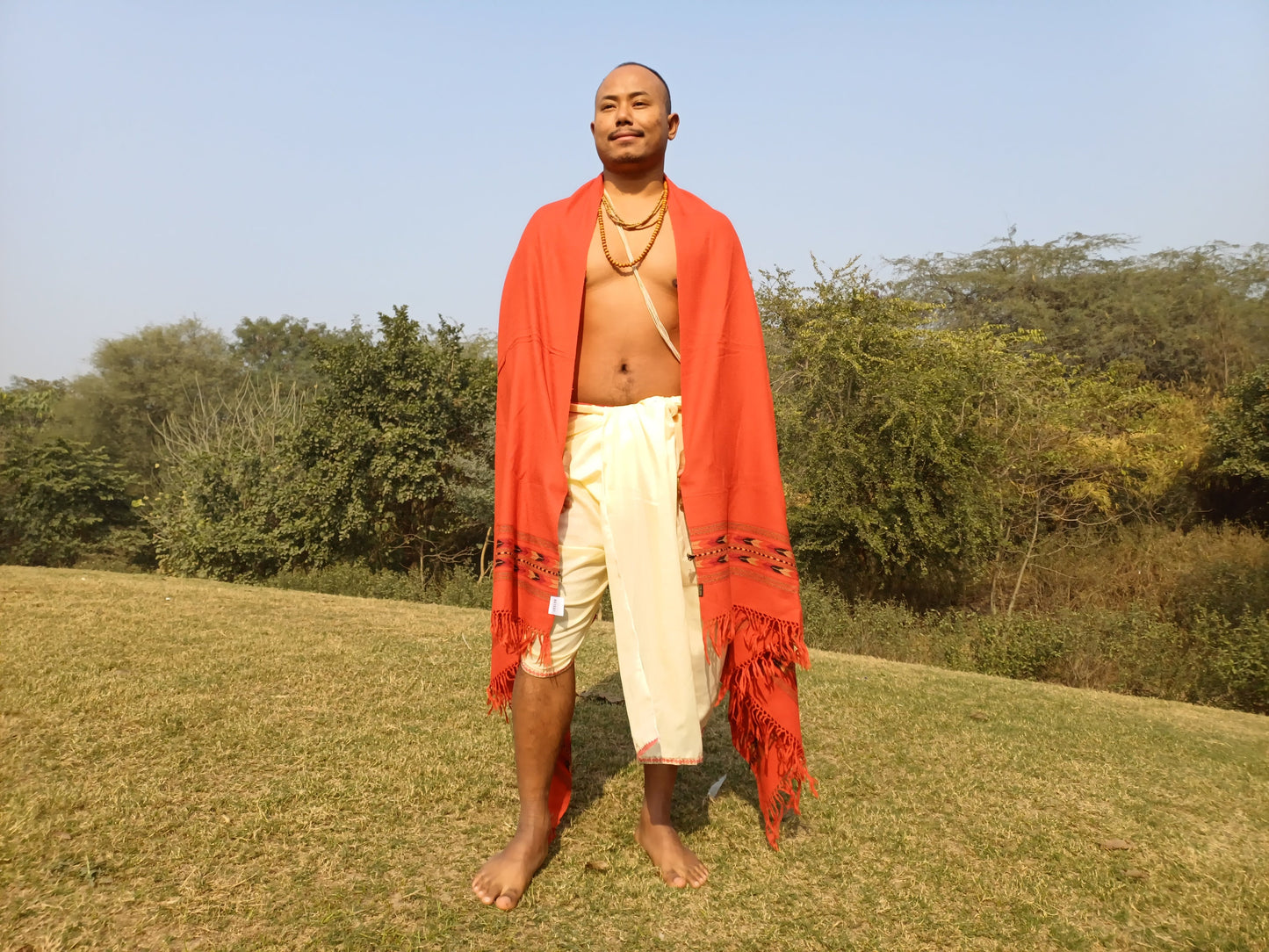 Handwoven Orange Embroidered Himalayan Sheep Wool Meditation Shawl,Wool Prayer Scarf,Kullu Shawl,Ethnic Indian Wool Blanket,Himalayan Prayer