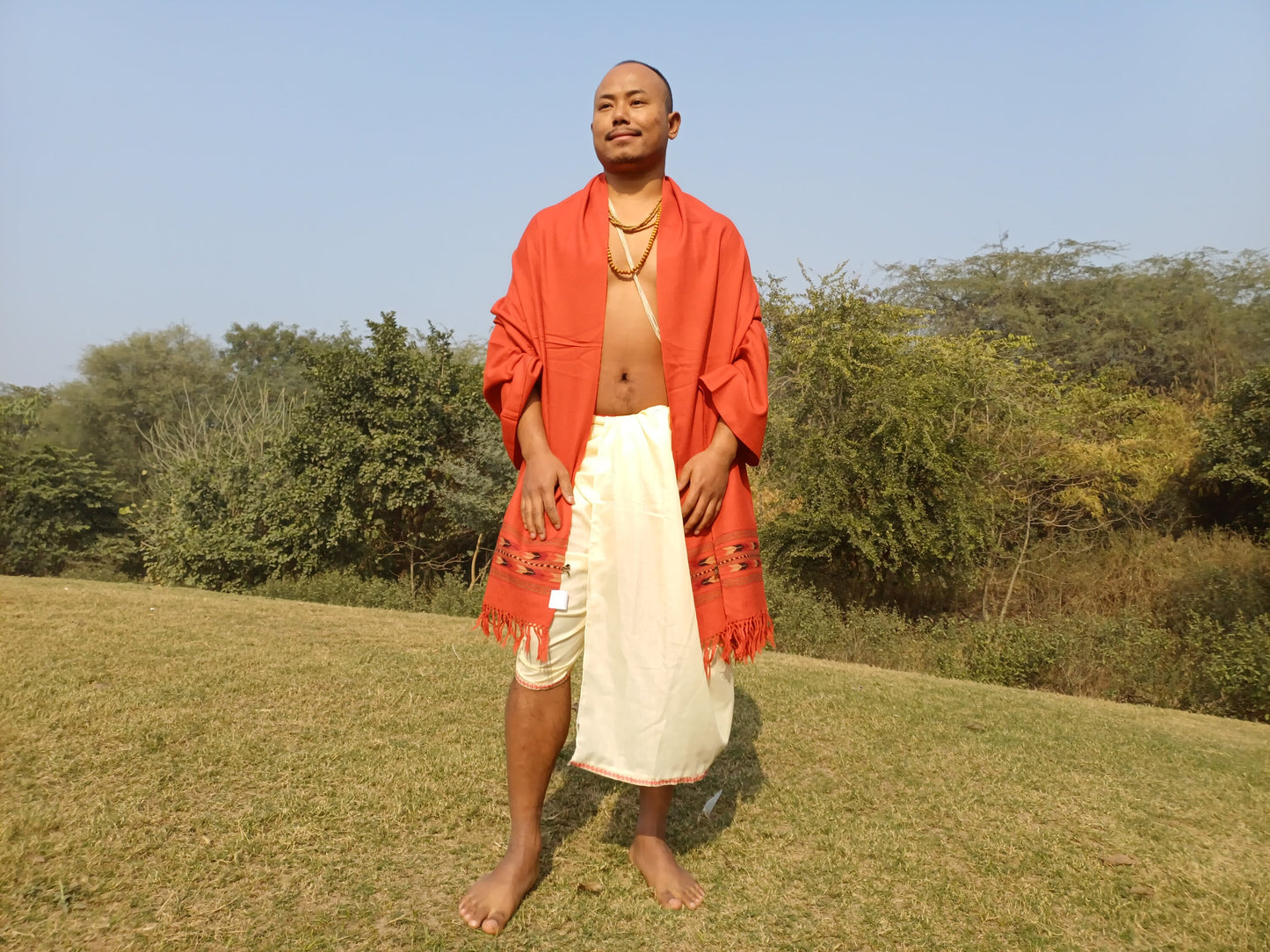 Handwoven Orange Embroidered Himalayan Sheep Wool Meditation Shawl,Wool Prayer Scarf,Kullu Shawl,Ethnic Indian Wool Blanket,Himalayan Prayer