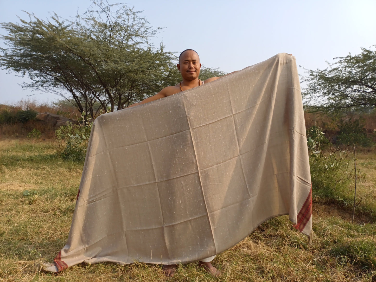 ANNAPURNA Large Naturally Dyed Handwoven Beige Pure Himalayan Yak Wool Prayer Blanket,Yak Meditation Shawl,Himalayan Yak  Prayer Wrap/Zen