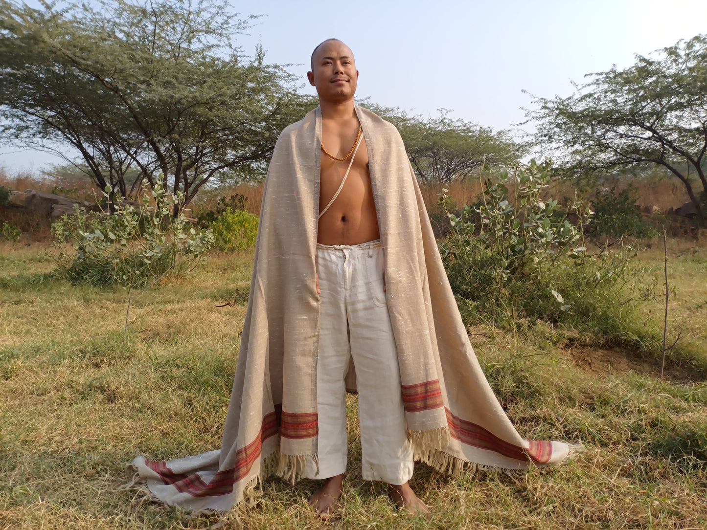 ANNAPURNA Large Naturally Dyed Handwoven Beige Pure Himalayan Yak Wool Prayer Blanket,Yak Meditation Shawl,Himalayan Yak  Prayer Wrap/Zen