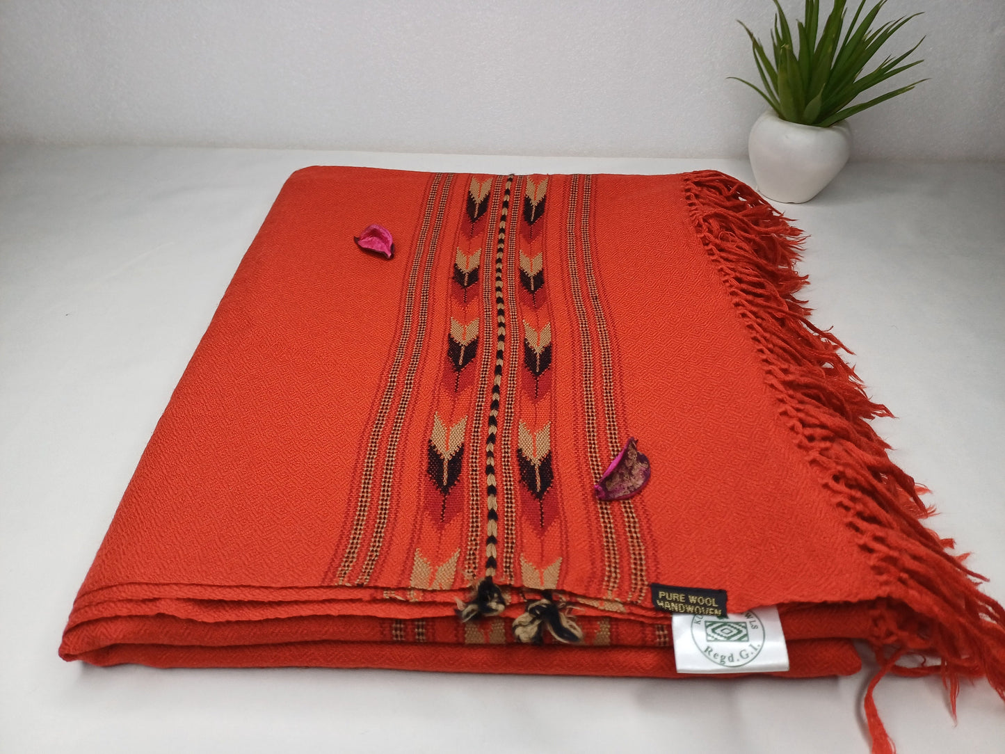 Handwoven Orange Embroidered Himalayan Sheep Wool Meditation Shawl,Wool Prayer Scarf,Kullu Shawl,Ethnic Indian Wool Blanket,Himalayan Prayer